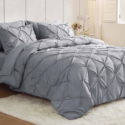 JOLLYVOGUE Queen Comforter Set 7 Pieces - Bed in a Bag Queen for All Season, Pintuck Bedding Comforter Sets with Comforter, Flat Sheet, Fitted Sheet and Pillowcases & Shams, Black