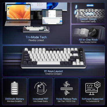 Redragon K673 PRO 75% Wireless Gasket RGB Gaming Keyboard, 3-Modes 81 Keys Compact Mechanical Keyboard Hot-Swap Socket, Dedicated Knob Control and Sound Absorbing Pads, Linear Red Switch