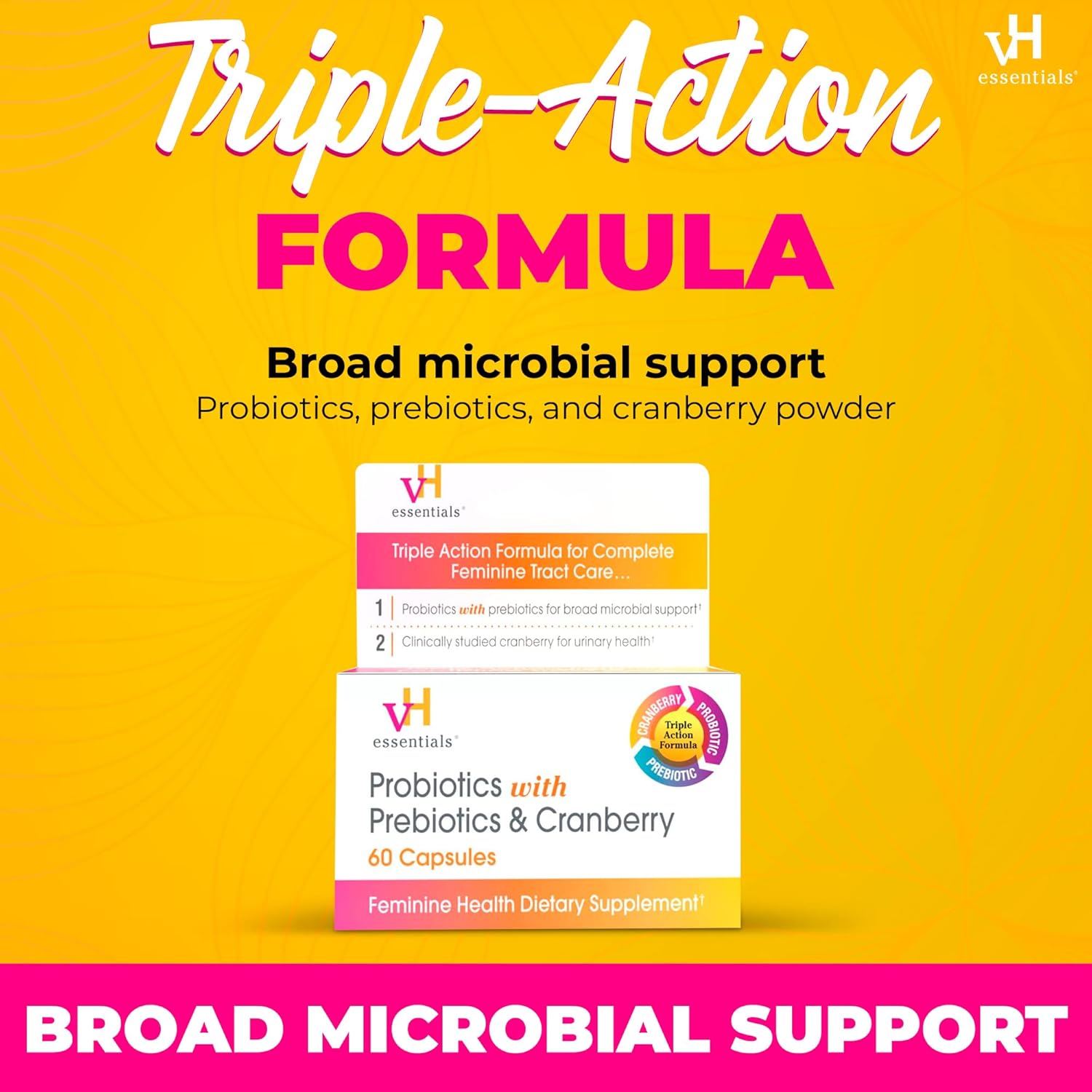vH Essentials Probiotics for Women with Prebiotics, Cranberry & Vitamin C - 60 Capsules (30 Day Supply) - Vaginal Probiotics Support Gut Balance, Vaginal Health & Urinary Tract Health for Women