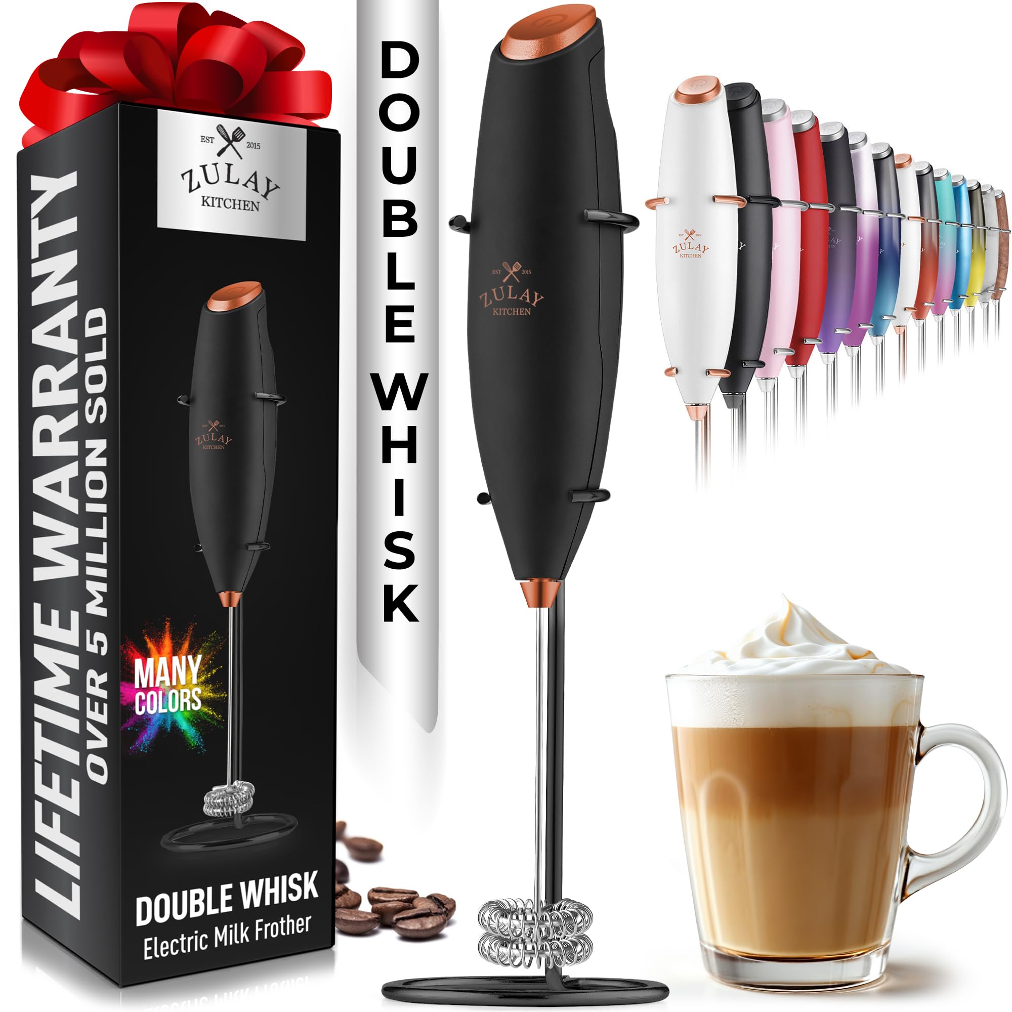 Zulay Kitchen Powerful Milk Frother Wand With 2 Duracell Batteries - Ultra Fast Handheld Drink Mixer - Electric Whisk Foam Maker for Coffee, Lattes, Cappuccino, Matcha, Hot Chocolate & Creamer - Black