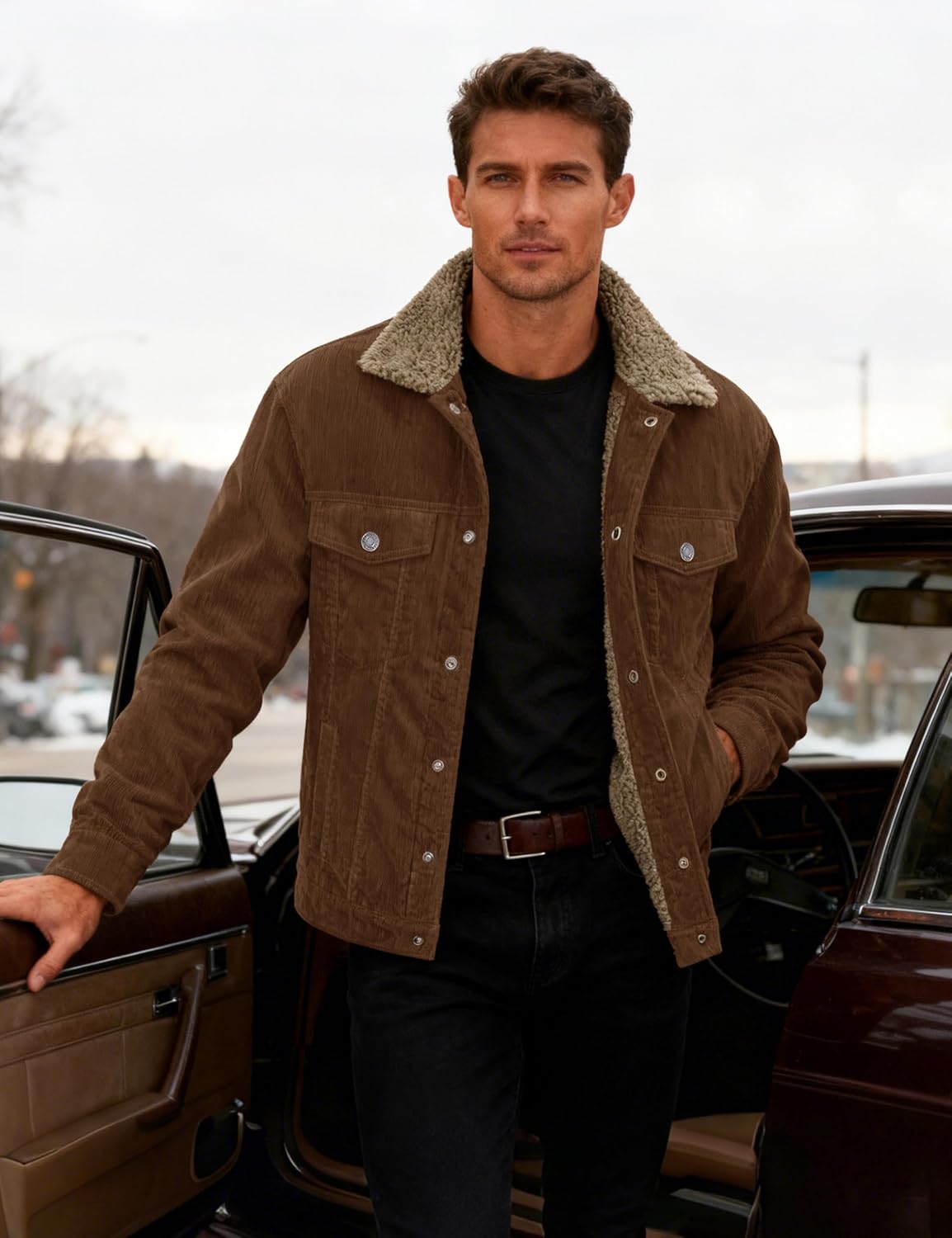 MAGCOMSEN Men's Corduroy Jacket Winter Sherpa Lined Warm Thick Trucker Cargo Coat with 5 Pockets