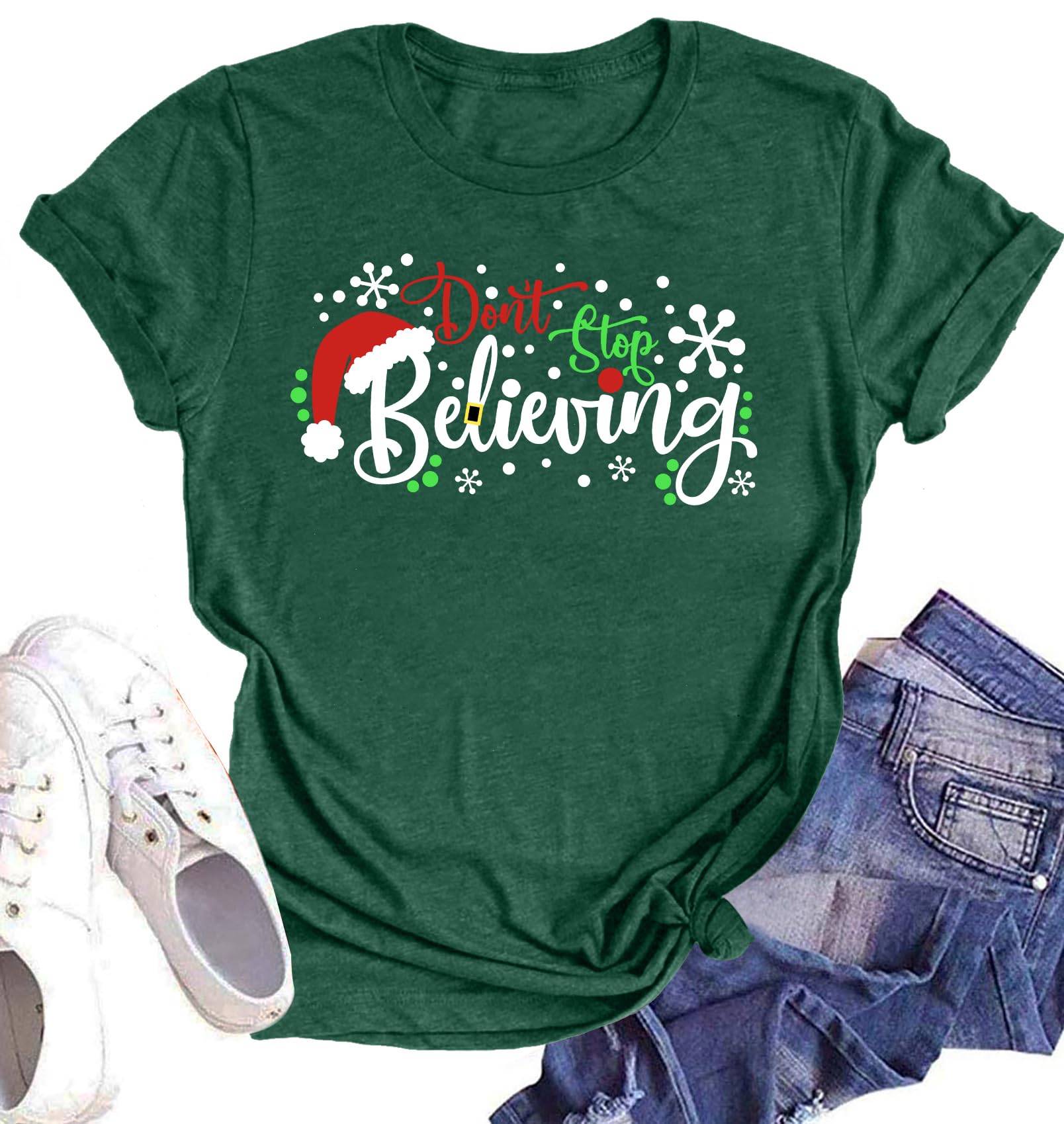 Believe Christmas Shirt for Women Christmas Tree Graphic T-Shirts Believe Letter Print Tees Holiday Tops