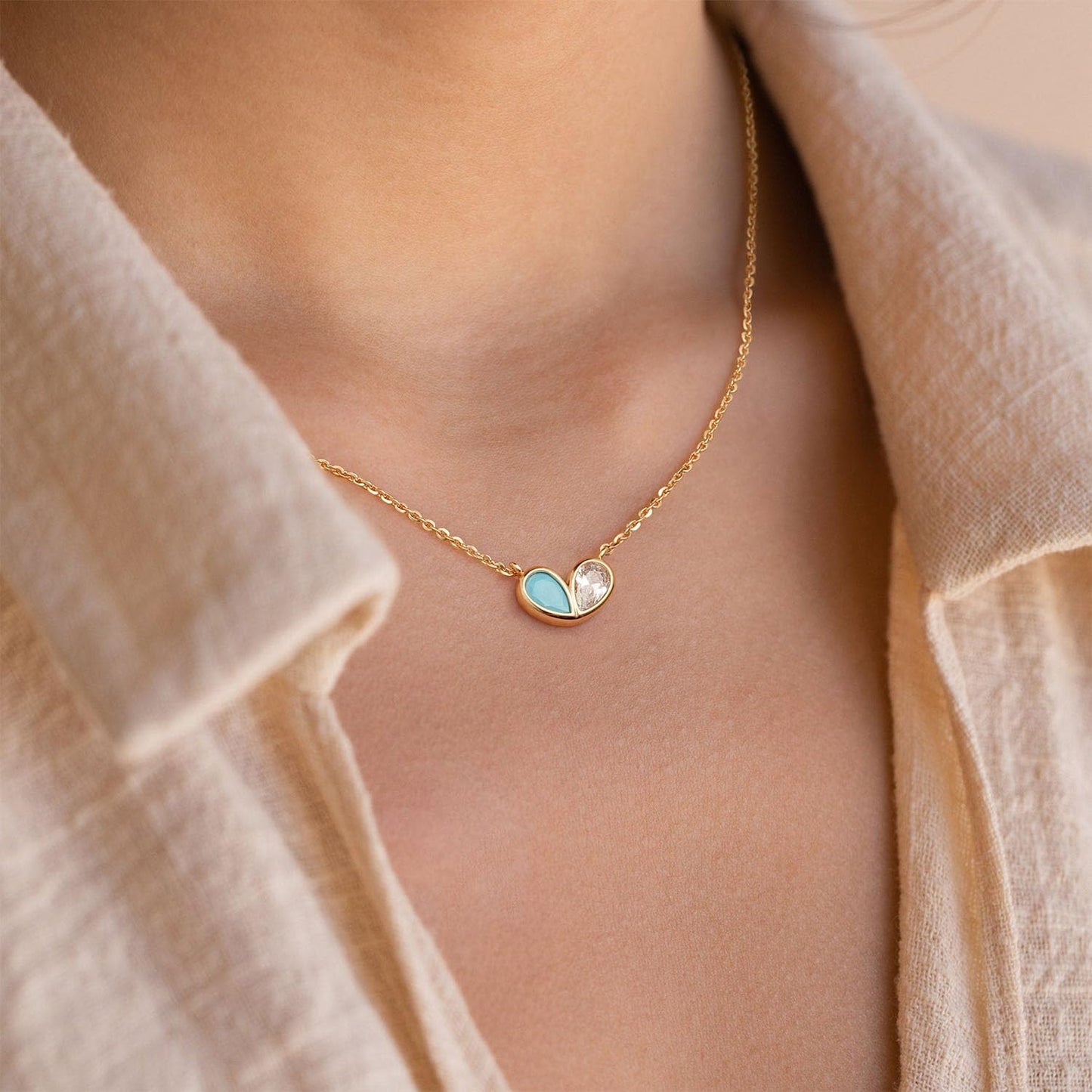 MYEARS Women Gold Necklace Heart Pendant Double Waterdrop Cubic Zirconia 14K Simple Dainty Chain Everyday Trendy Jewelry