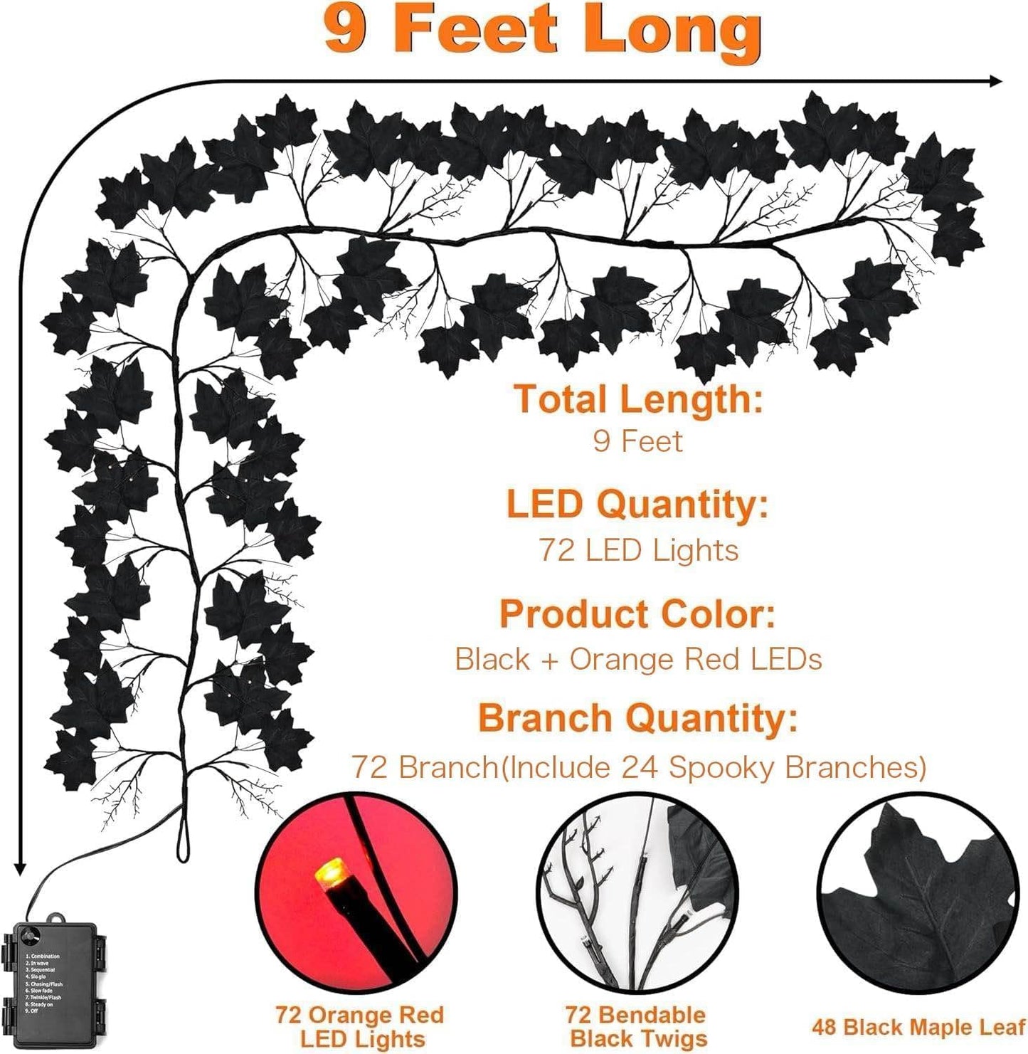 9 FT 72 LED Willow Vine Twig Decor Black Halloween Garland with Orange Lights, 8 Modes & Timer Waterproof Battery Operated for Home Fireplace Mantle Wall Office Indoor Halloween Decorations Party