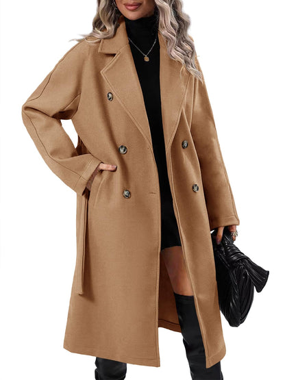 Danedvi Women Elegant Wool Pea Coat Lapel Collar Double Breasted Mid-Long Winter Overcoats with Belted Pockets