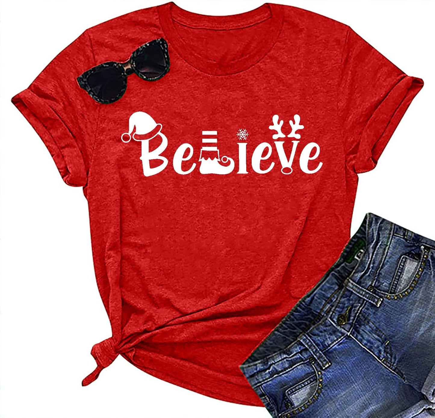 Believe Christmas Shirt for Women Christmas Tree Graphic T-Shirts Believe Letter Print Tees Holiday Tops
