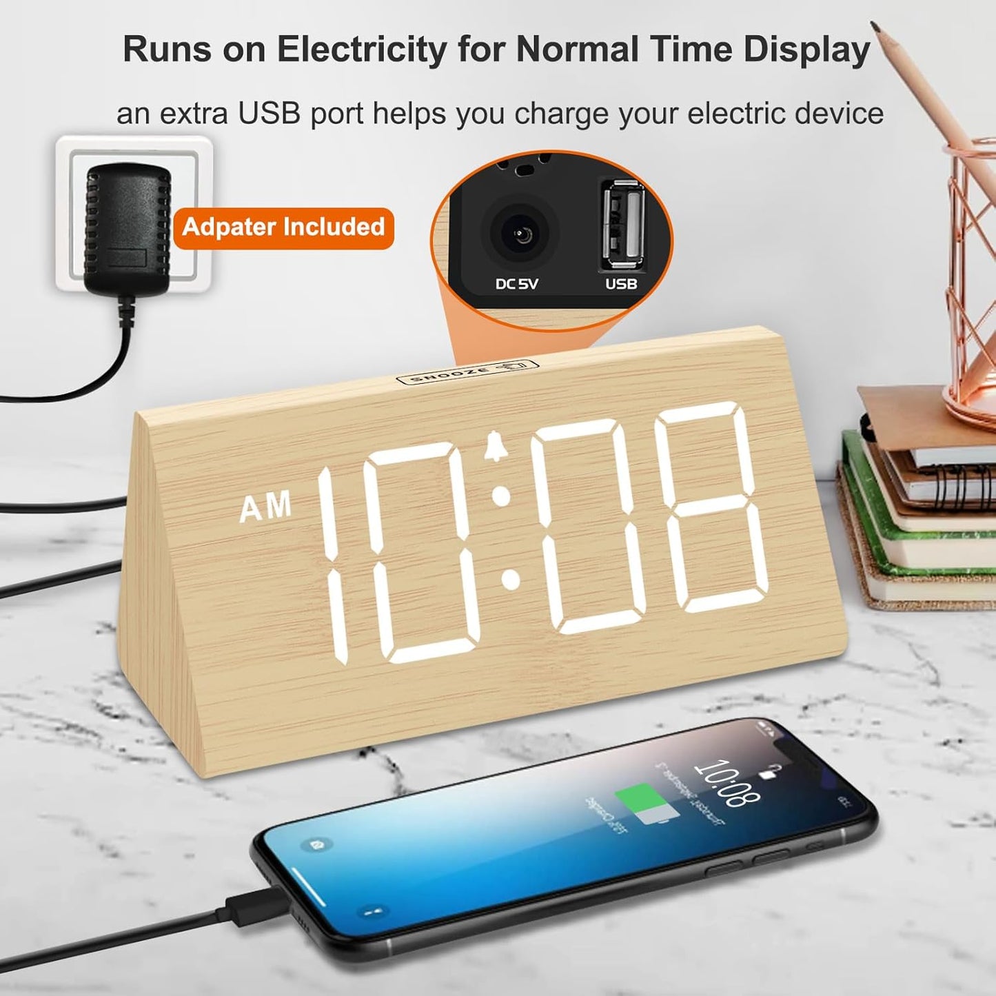 DreamSky Wooden Digital Alarm Clocks for Bedrooms - Electric Desk Clock with Large Numbers, USB Port, Battery Backup Alarm, Adjustable Volume, Dimmer, Snooze, DST, 12/24H, Wood Décor (White)