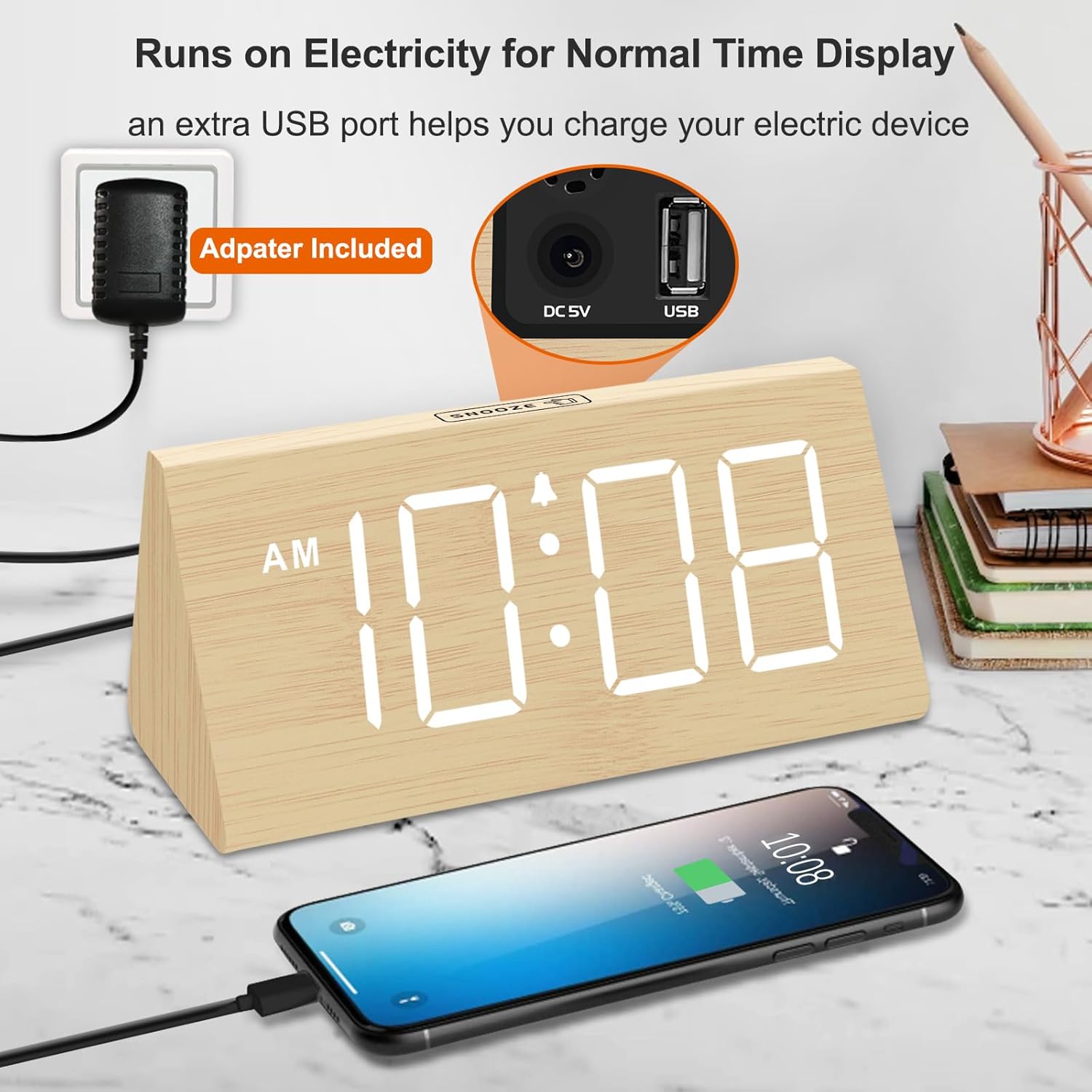 DreamSky Wooden Digital Alarm Clocks for Bedrooms - Electric Desk Clock with Large Numbers, USB Port, Battery Backup Alarm, Adjustable Volume, Dimmer, Snooze, DST, 12/24H, Wood Décor (White)