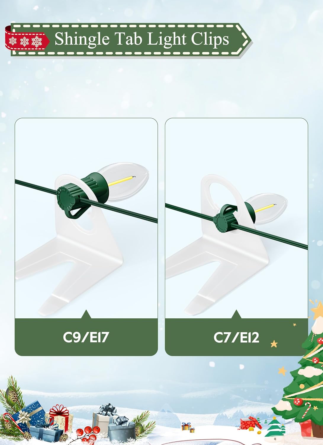 Brightown Christmas Light Clips for Outside, 100 Pack Roof Clips for C7 C9 Mini String Lights, Universal Gutter and Shingle Holiday Light Clip Set, for Christmas Decorations, White
