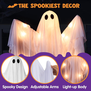 JOYIN Halloween Hanging Light up Ghost with Spooky Warm White LED Light, 47” Halloween Hanging Decoration White Ghosts for Front Yard Patio Lawn Garden Party Decor Indoor Outdoor