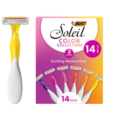 BIC Soleil Smooth Colors Women's Disposable Razors With Aloe Vera and Vitamin E Lubricating Strip for Enhanced Glide, With 3 Blades, 10 Count