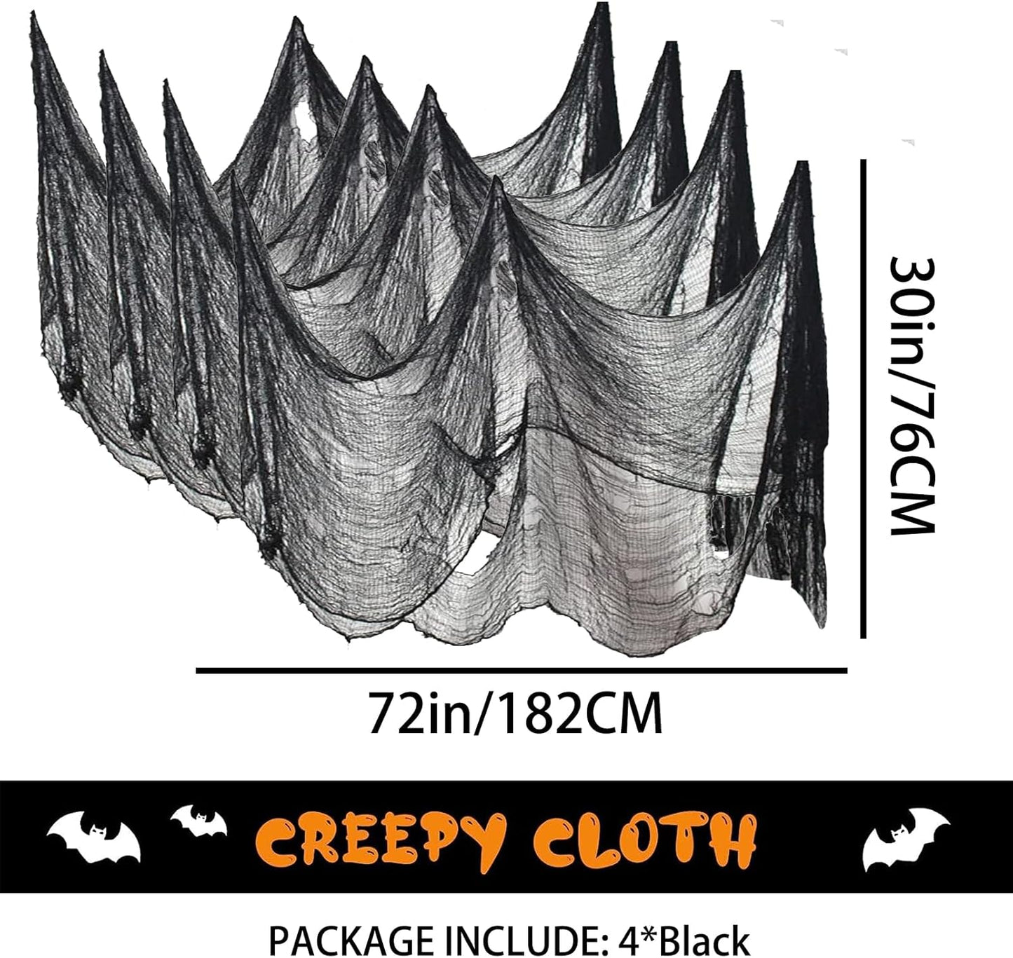 4 Pack Halloween Creepy Cloth Decorations, 30X72 Inch Black Scary Halloween Gauze Cloths, Spooky Cloth for Haunted House, Outdoor Patio, Garden, Halloween Indoor Wall Windows Black Cheesecloth Decor