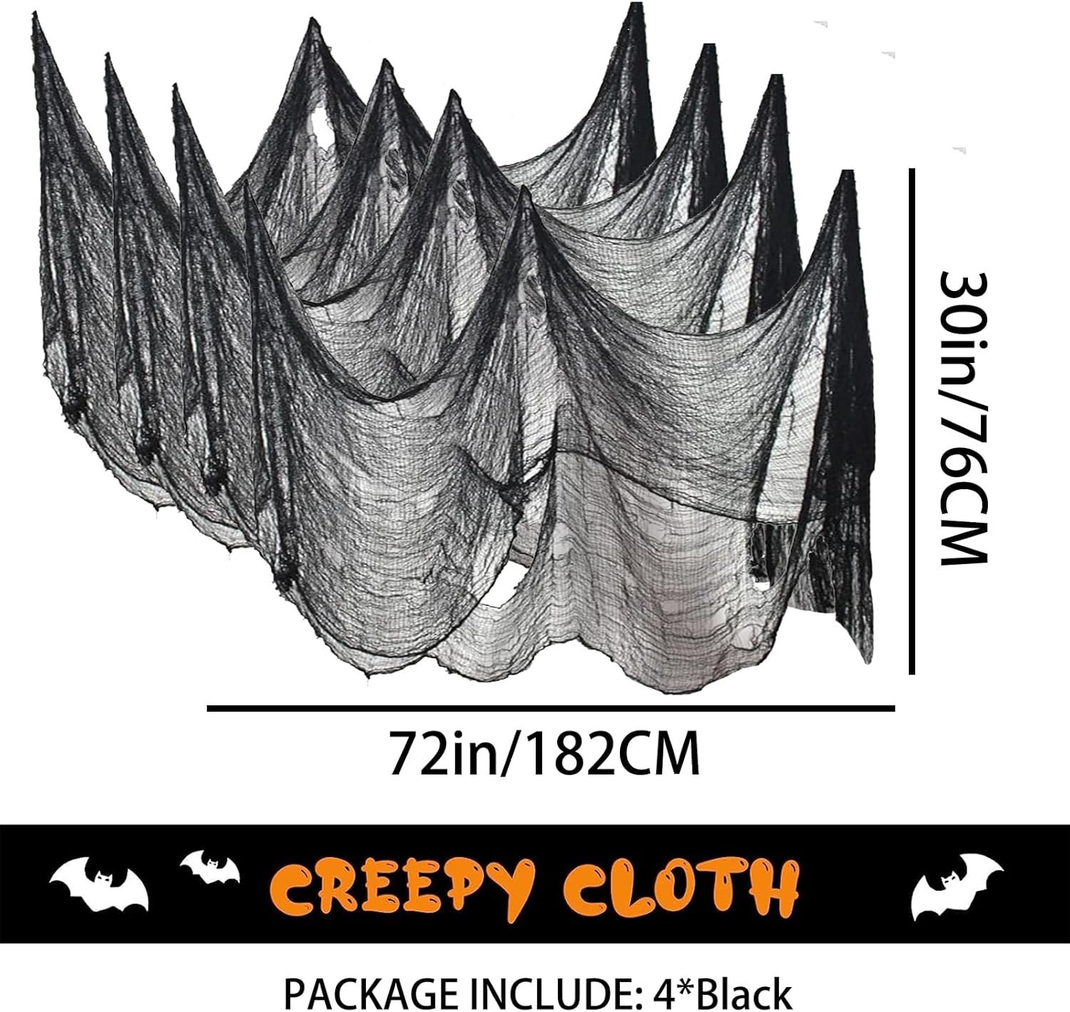 4 Pack Halloween Creepy Cloth Decorations, 30X72 Inch Black Scary Halloween Gauze Cloths, Spooky Cloth for Haunted House, Outdoor Patio, Garden, Halloween Indoor Wall Windows Black Cheesecloth Decor