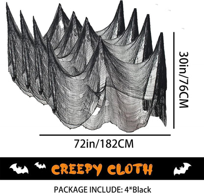 4 Pack Halloween Creepy Cloth Decorations, 30X72 Inch Black Scary Halloween Gauze Cloths, Spooky Cloth for Haunted House, Outdoor Patio, Garden, Halloween Indoor Wall Windows Black Cheesecloth Decor
