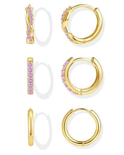 Inerney Gold Huggie Hoop Earrings Set for Women, Dainty Small Sterling Silver Earring Stacks Hypoallergenic Jewelry for Multiple Piercings, Trendy Twisted Cute Cartilage Hoops Birthstone Gift 3 Pairs