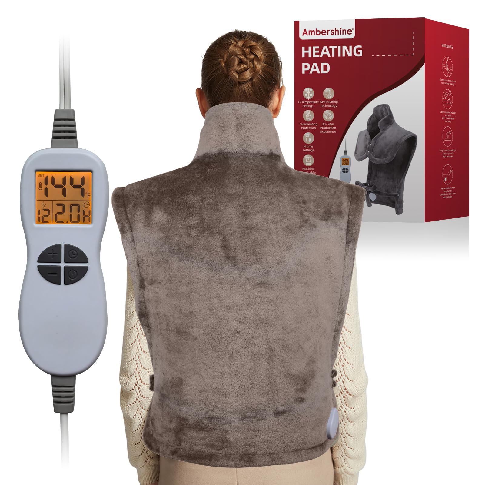Ambershine 26"x35" XXXL King Size Neck& Shoulder& Back Heating Pad with 12 Temperature Settings& 4 Auto-Off Countdown Timers, Pain Relief for Back/Neck/Shoulder, Christmas gift for mom dad (Dark Gray)