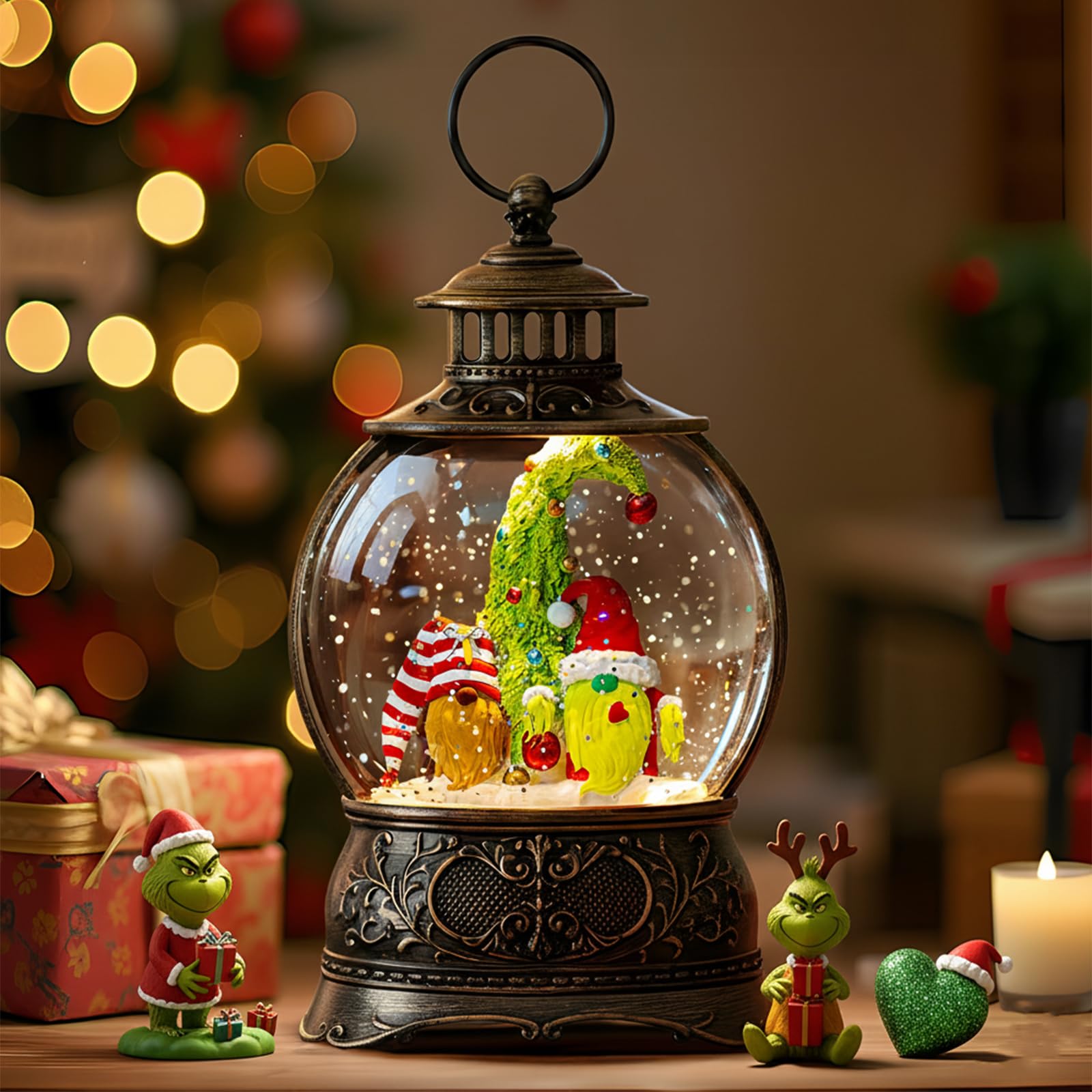 Christmas Snow Globes Christmas Water Lantern with Snowy Train Snowman, Music & 6H Timer, USB Lined/Battery Operated Lighted Lanterns for Xmas Festival Decoration Gifts