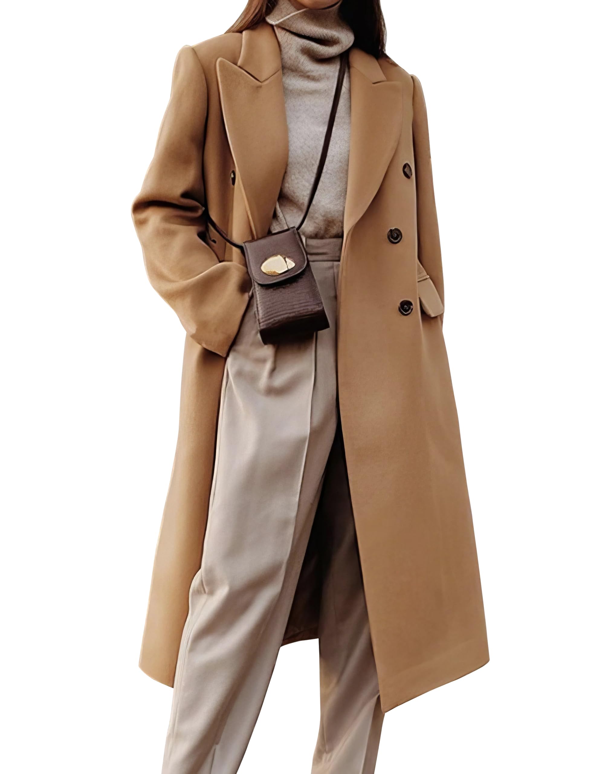 IDEALSANXUN Womens Long Wool Coats Fall Winter Double Breasted Trench Coat Peacoat