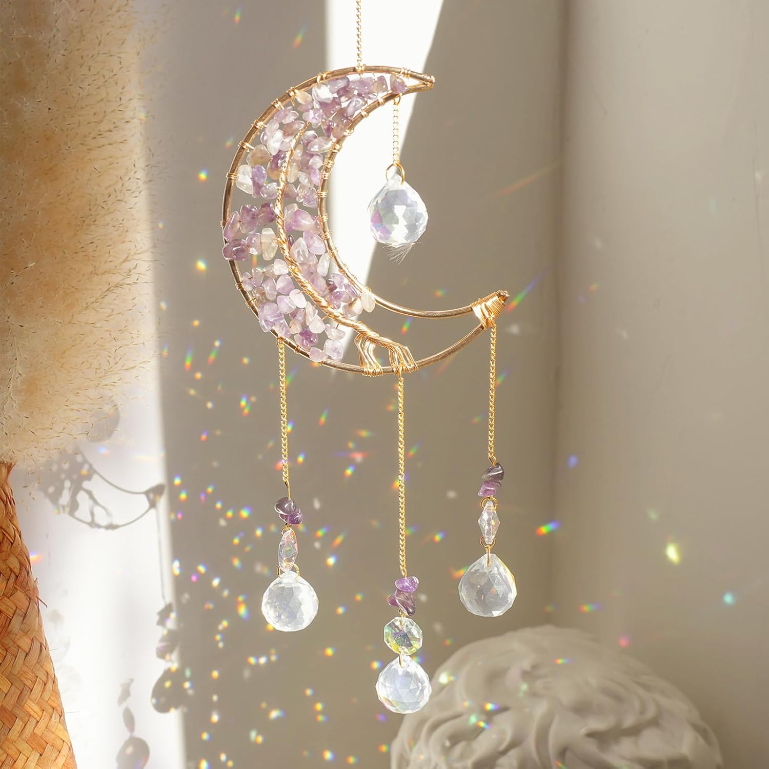 Crystal Moon Suncacher-Sun Catchers Indoor Window Prism Moon Crystal Dream Catcher Natural Healing Stones Rainbow Maker Garden Car Decoration Outdoor (Amethys)