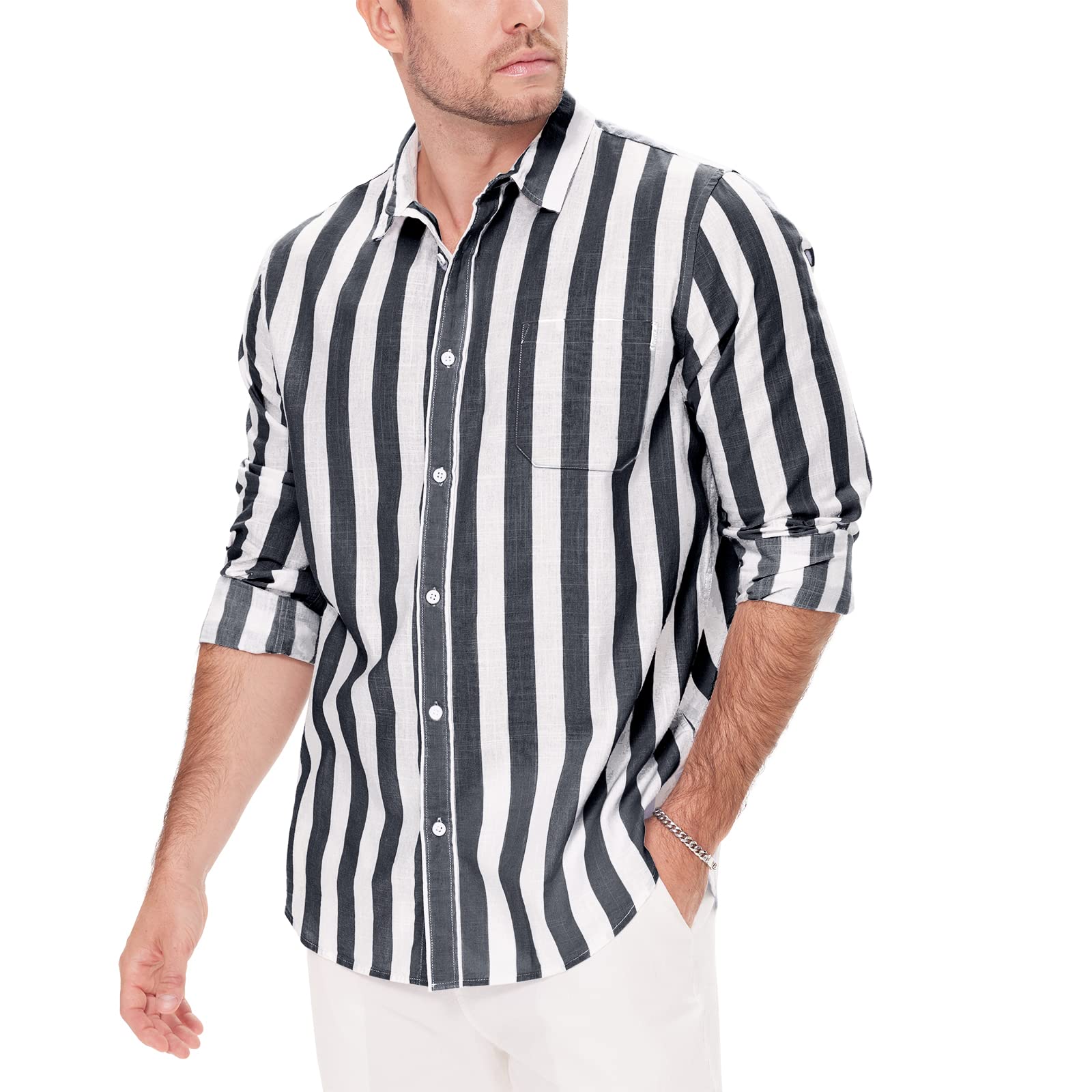 Button Down Linen Shirts for Men Casual Long Sleeve Regular Fit Cotton Beach Shirts with Pocket