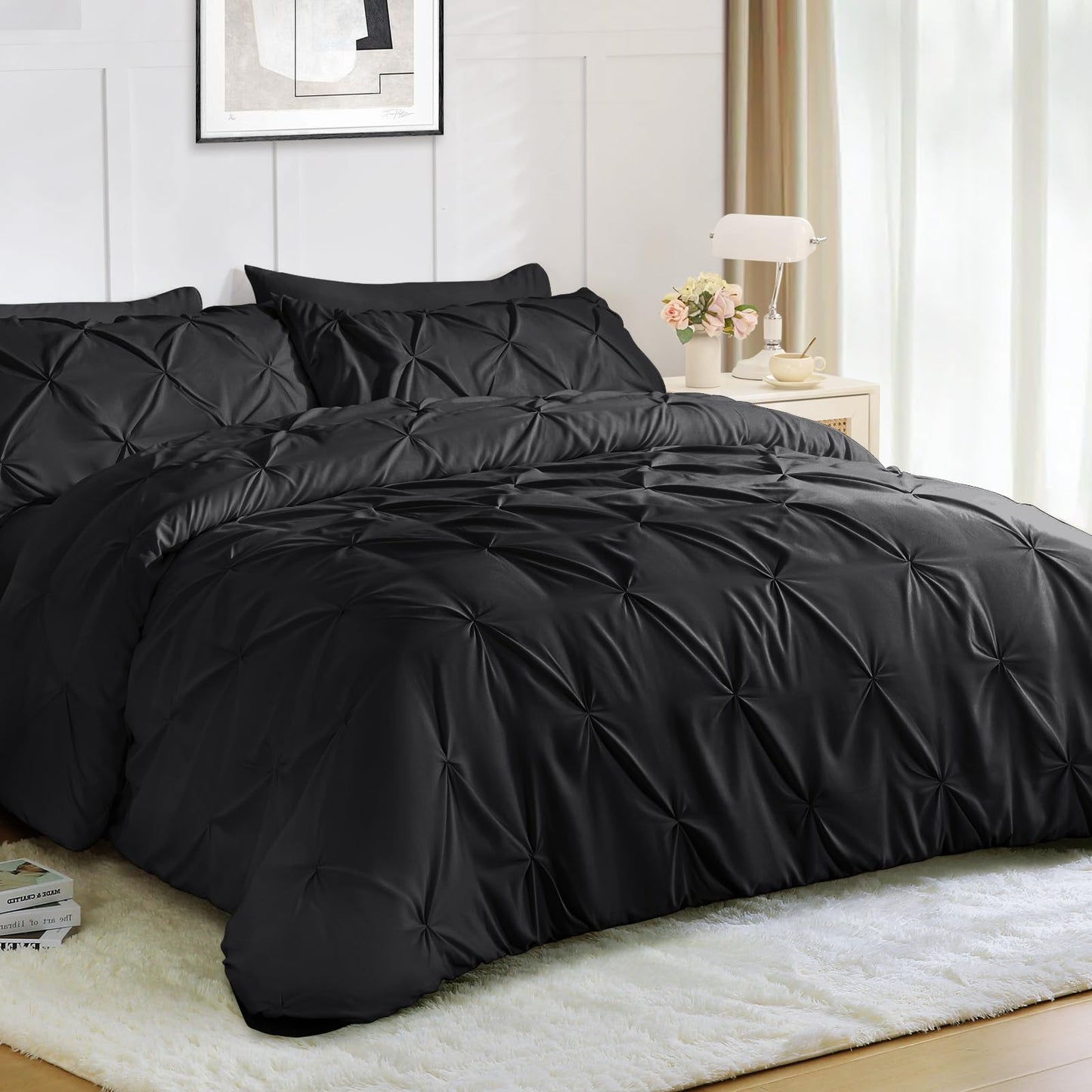 JOLLYVOGUE Queen Comforter Set 7 Pieces - Bed in a Bag Queen for All Season, Pintuck Bedding Comforter Sets with Comforter, Flat Sheet, Fitted Sheet and Pillowcases & Shams, Black
