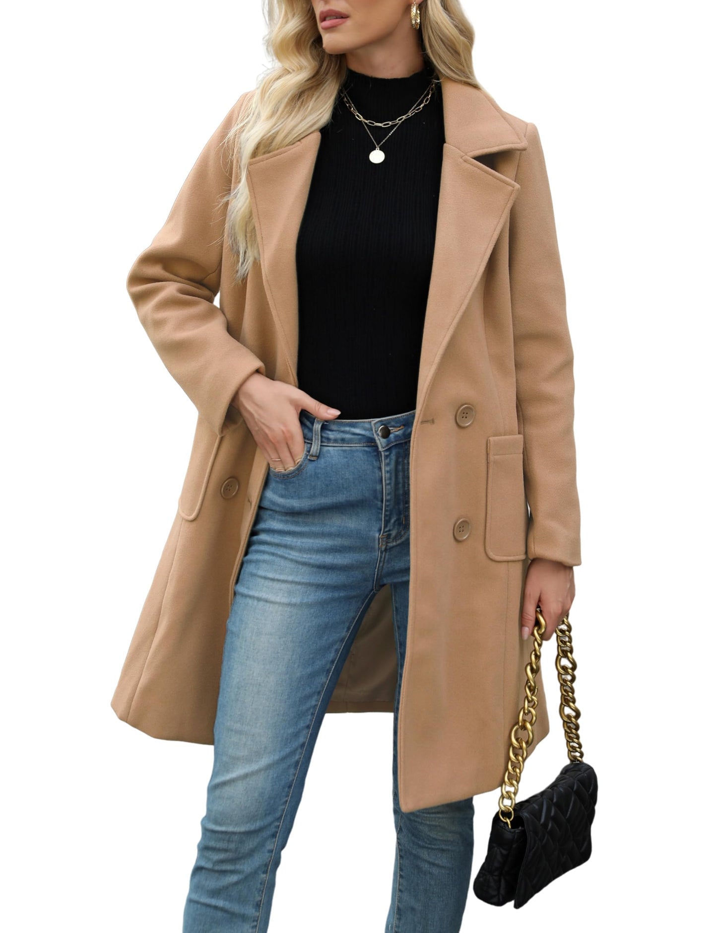 Bankeng Women Winter Wool Blend Camel Mid-Long Coat Notch Double-Breasted Lapel Jacket Outwear