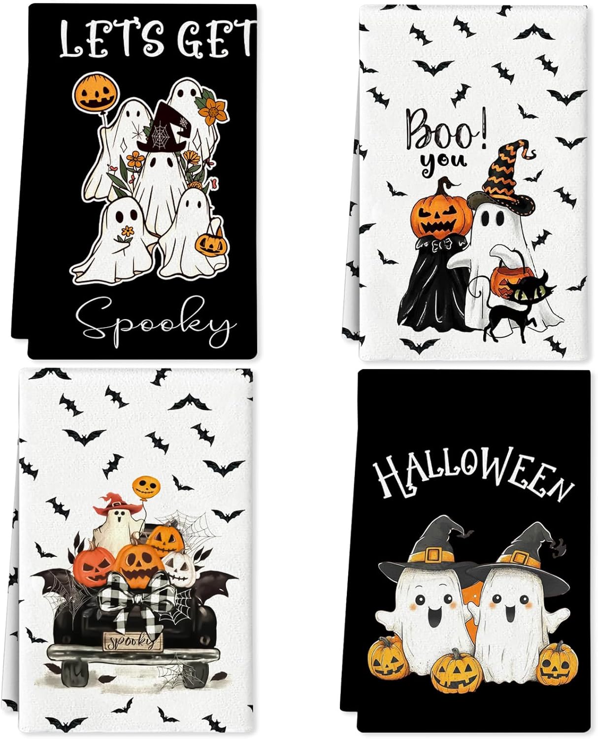 4 Pcs Halloween Kitchen Towels 15.7x23.6 Inches Funny Hand Towels for Bathroom Spooky Boo Ghost Halloween Bathroom Decortions Pumpkin Bat Ghost Truck Dish Cloths Housewarming Gift for Home Wall Decor