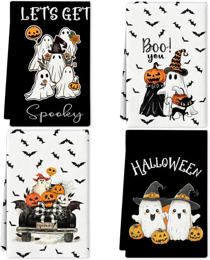 4 Pcs Halloween Kitchen Towels 15.7x23.6 Inches Funny Hand Towels for Bathroom Spooky Boo Ghost Halloween Bathroom Decortions Pumpkin Bat Ghost Truck Dish Cloths Housewarming Gift for Home Wall Decor