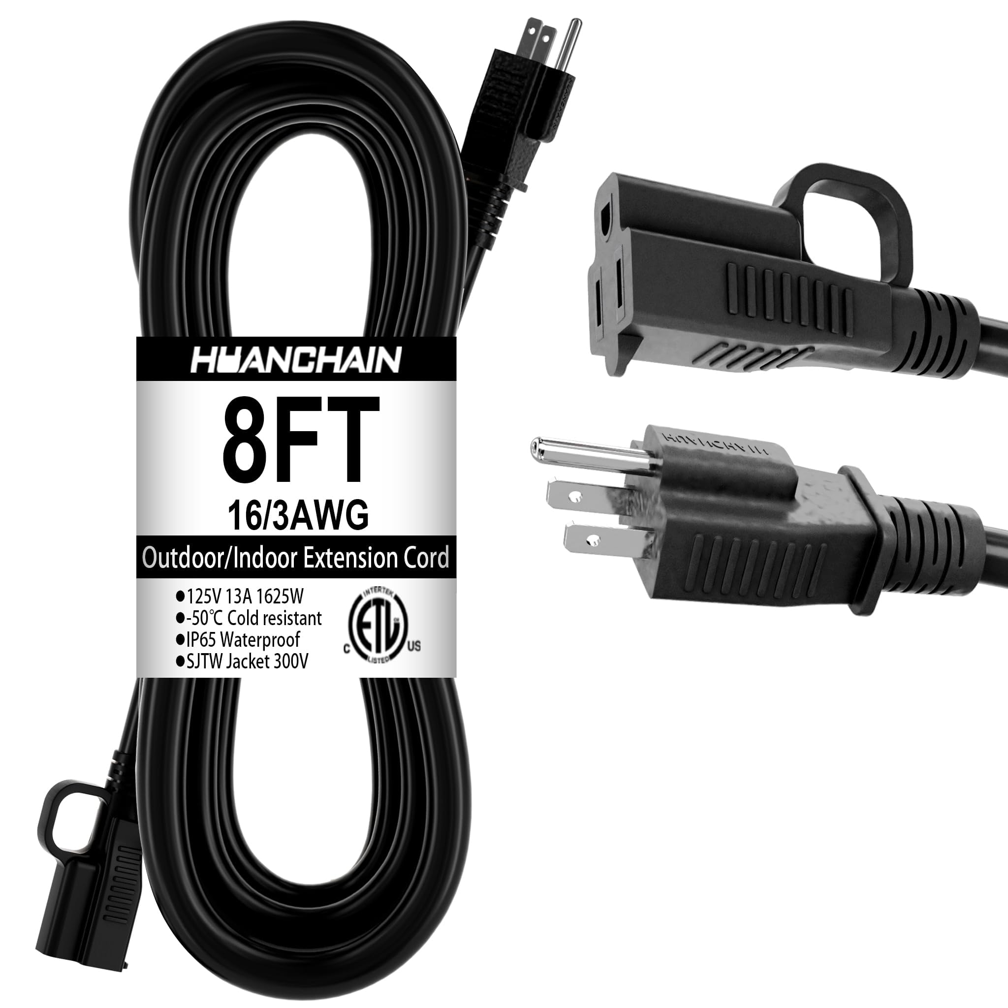 HUANCHAIN Indoor Outdoor Black Extension Cord 50 ft Waterproof, 16/3 Gauge Flexible Resistant Appliance Extension Cord Outside, 13A 1625W 16AWG SJTW, 3 Prong Heavy Duty Electric Cable, ETL Listed
