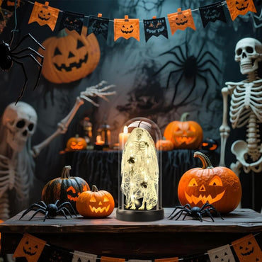 Halloween Decorations-Light-Up Skull with Spider Halloween Decor Indoor Cute Skull Tabletop Decor for Party Home Kitchen and Fireplace, 8.46"x4.2" Flickering LED Terror