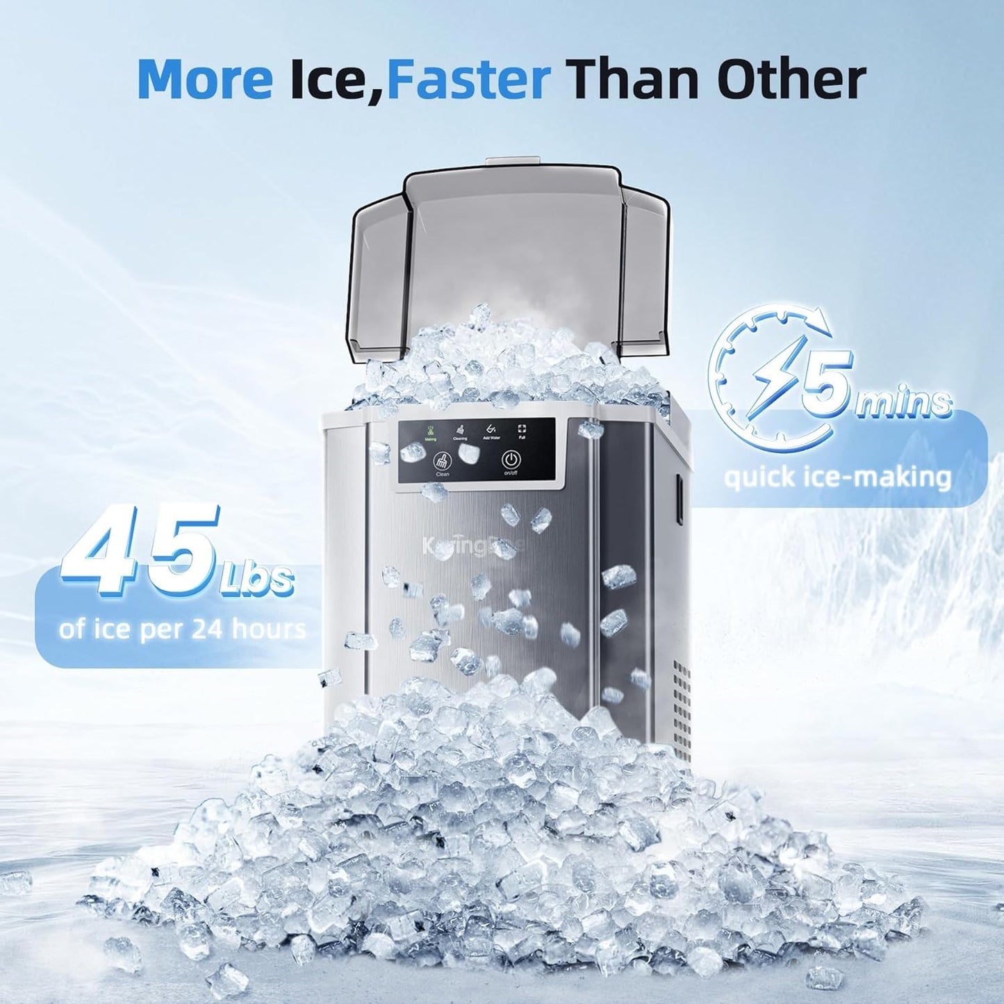 Nugget Ice Maker – 45lbs/Day Pebble Ice in 5 Mins, Chewable Sonic Ice Machine with Self-Cleaning, Quiet Stainless Steel Countertop Ice Maker for Home, Office, RV – 2025 Upgraded