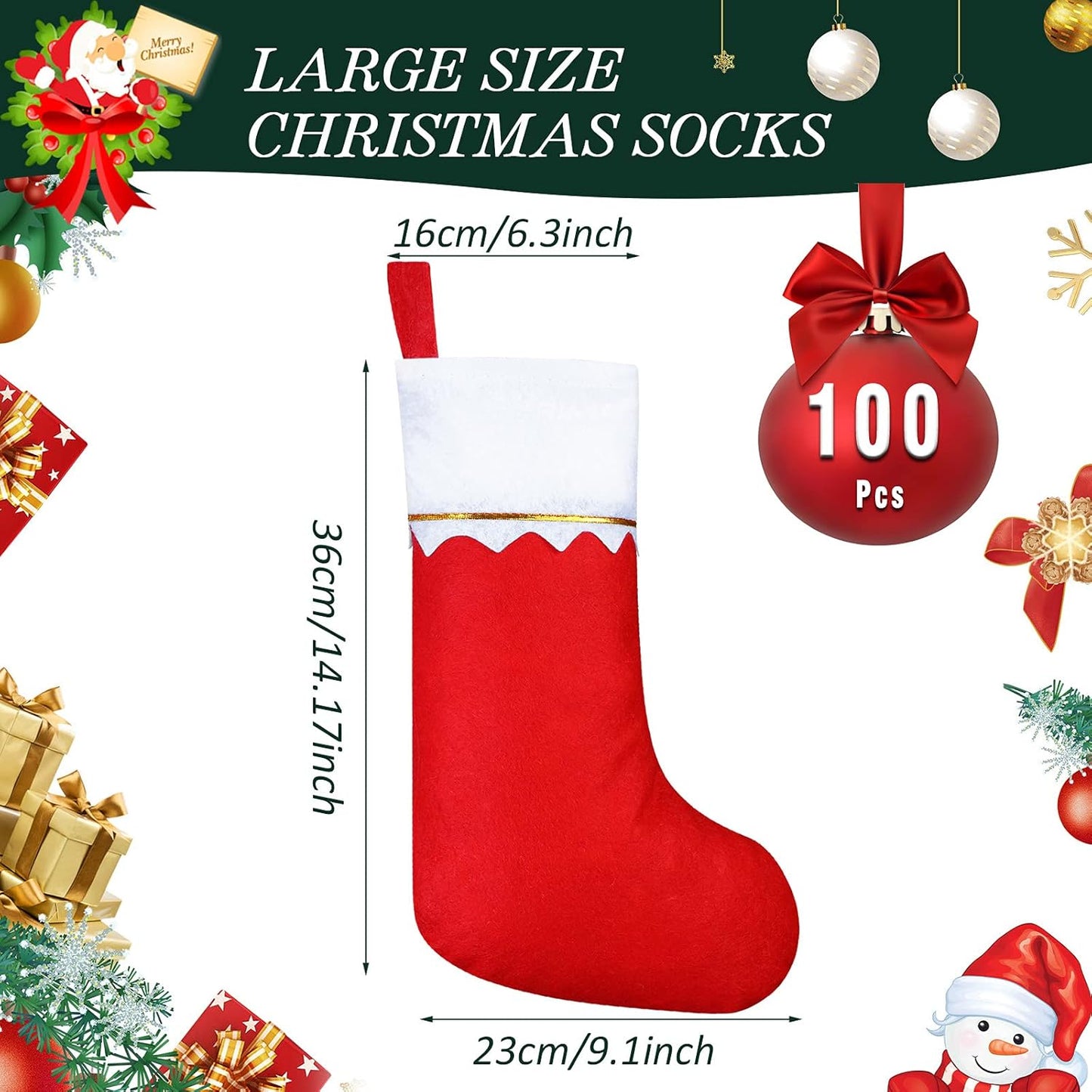 Sumind 100 Pieces Felt Christmas Stockings 15 Inch Party Favors Stockings Xmas Decoration Stocking Rustic Santa Stocking for Christmas(Red with White Trim)