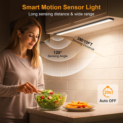 Gritin 10.2inch Under Cabinet Lighting Rechargeable -84 LED Super Bright,3-Color& 5 Level Brightness,4 Modes,Motion Sensor,Long Lasting- Easy Installation Magnetic Under Cabinet Closet Lights -2 Pack