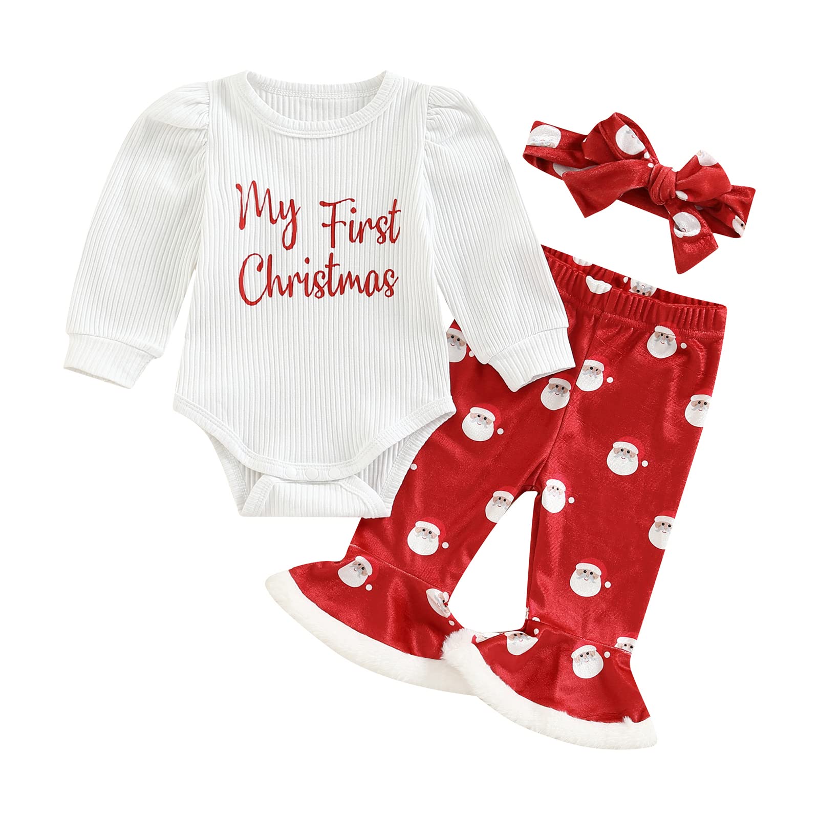 Baby Girl My 1st Christmas Outfits Letter Long Sleeve Romper Tops+Bell Bottom Pants+Headband 3 Pcs Clothes Set