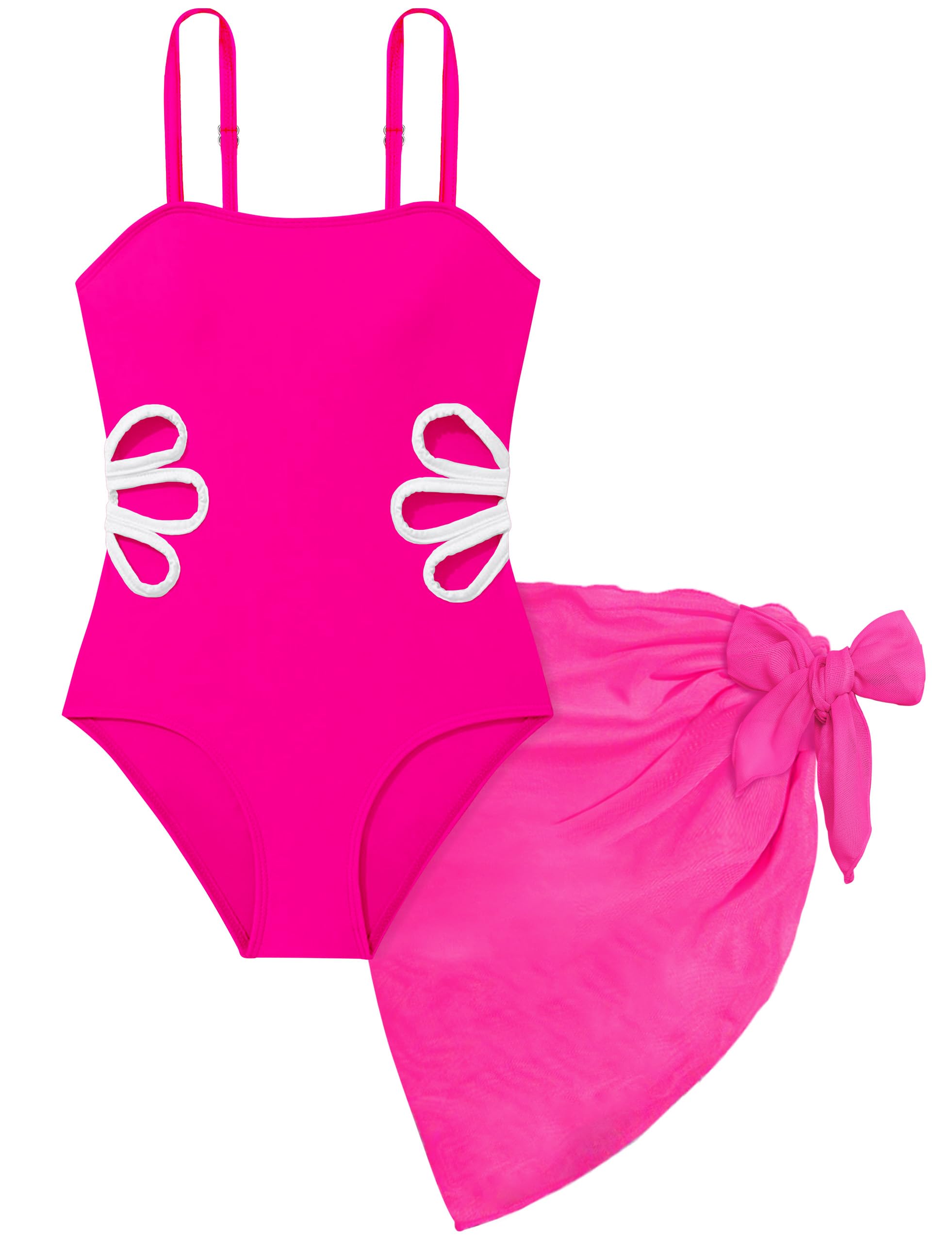 Girls Swimsuit, Adjustable Straps Cut Out One Piece Bathing Suit with Solid Color Cover Up Skirt Girls' Swimwear