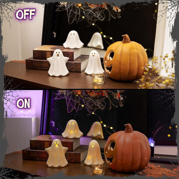 Light Up Ghost Halloween Decor, 5" Cute Halloween Decorations Indoor, 3PCS LED Ceramic Ghost for Halloween Table, Desk, Tray, Shelf, Bedroom Decor, White Spooky Decorative Ghosts Figurines