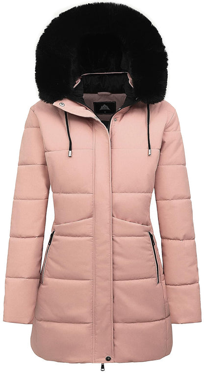 MOERDENG Women's Winter Puffer Coat Thicken Fleece Lined Down Jacket Waterproof Faux Fur Detachable Hooded Parka
