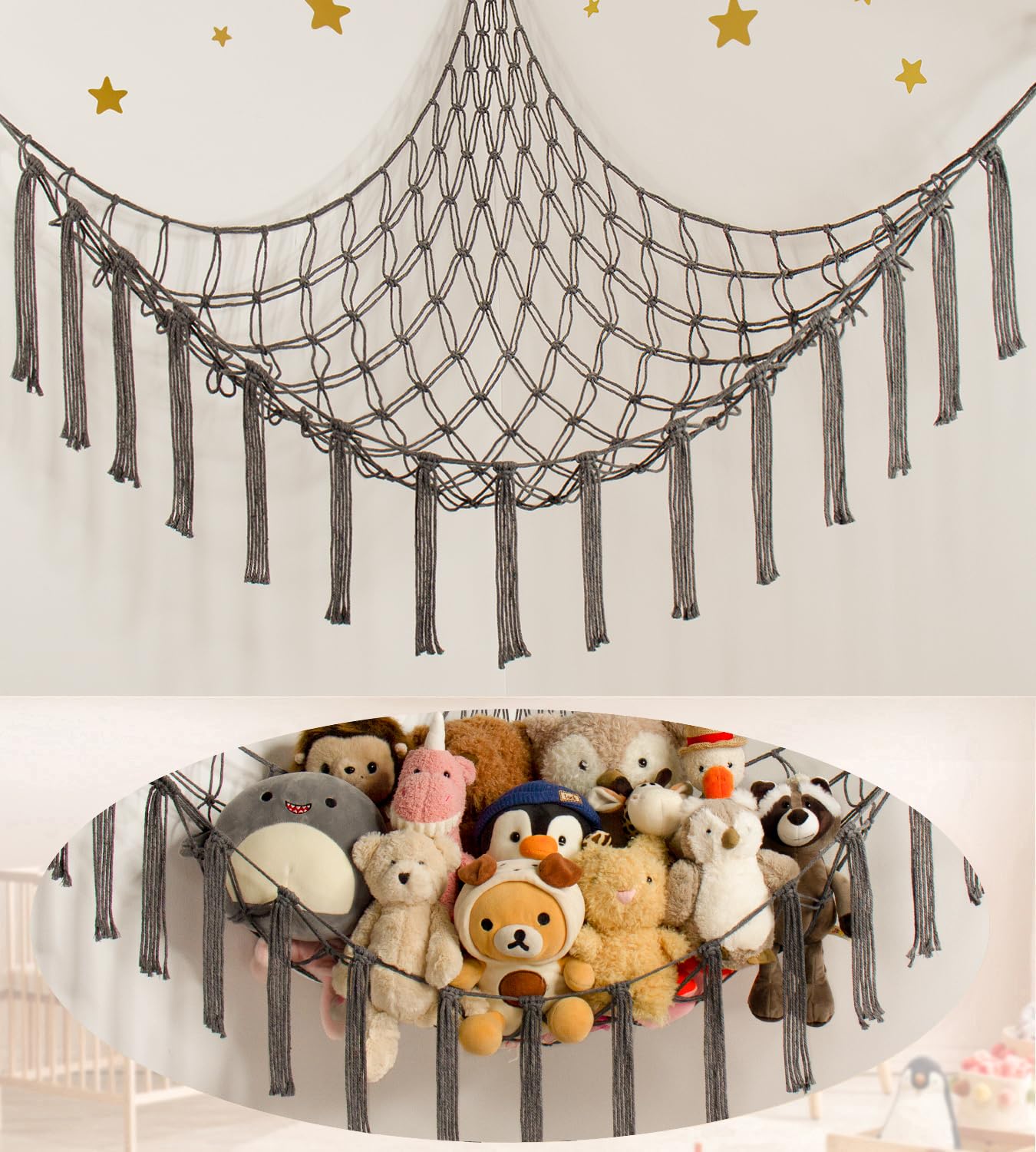 Stuffed Animal Storage Hammock or Net Corner - Large Toy Hammock Net for Stuffed Animals Room Decor - Cute Stuff Animal Organizer Plush Holder - Kids Baby Nursery Essentials Wall Bedroom Home Decor