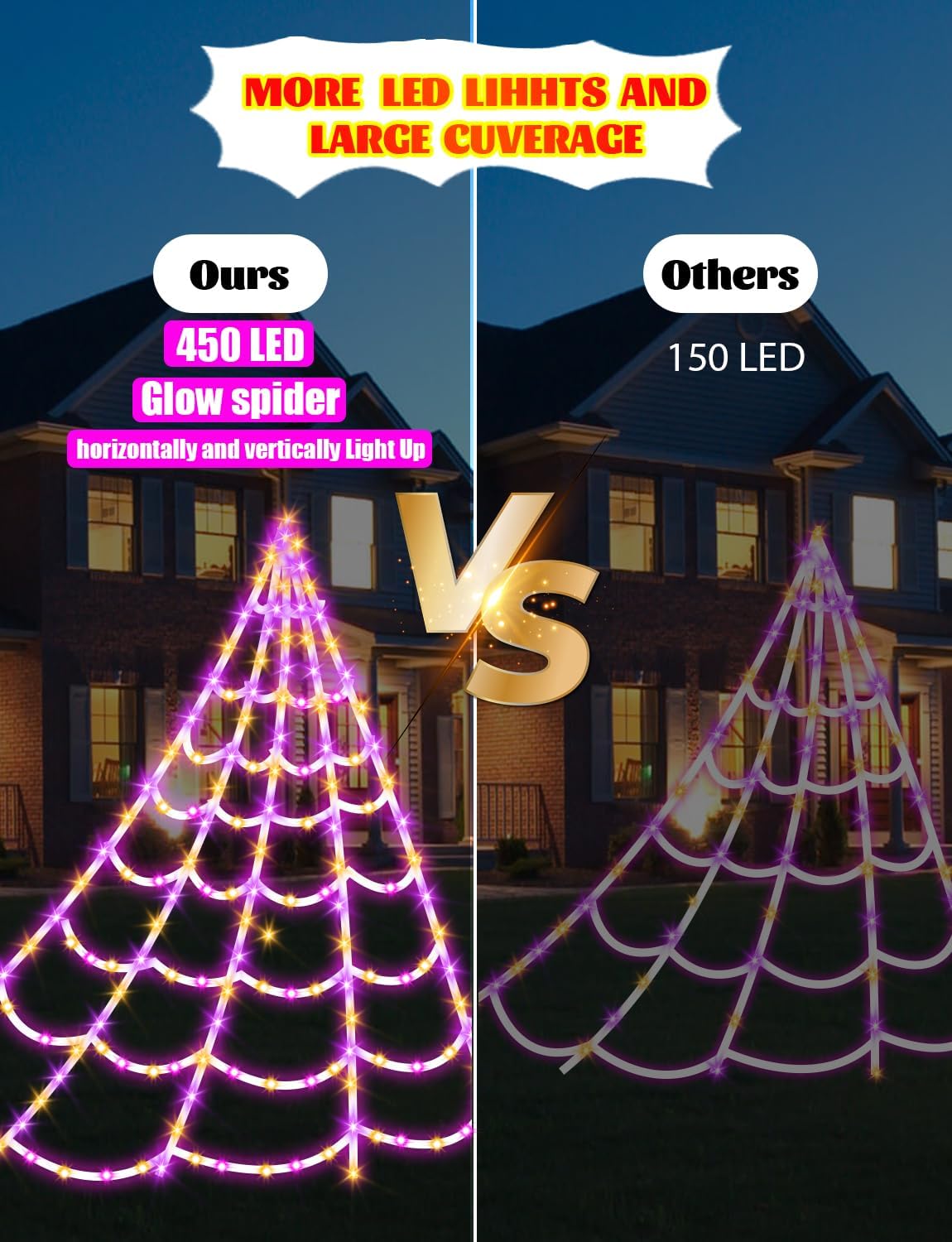 Spider Webs Halloween Decor Lights - 450 LEDs Outdoor Halloween String Lights with 60" Light Up Spider,8 Modes Remote Control 16.4Ft Spiderweb,Waterproof (New Orange-Purple Grid Luminous Net)