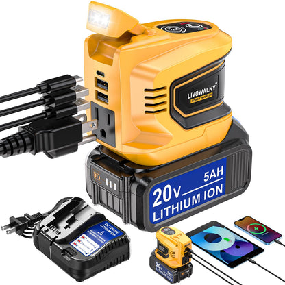 Real 200W Power Inverter Compatible With Dewalt, DC 20V to AC 110-120V Battery Inverter, LIVOWALNY Portable Power Station Generator, Charger Adapter Battery Powered with 2 USB & 1 Type-C & 1 AC Outlet