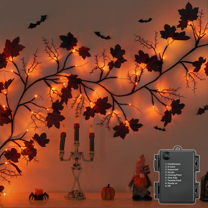 9 FT 72 LED Halloween Decorations Willow Vine Twig Decor with Orange Purple Lights and Dead Branches Black Leaves -Battery Operated 8 Modes for Indoor Wall Fireplace Halloween Decorations