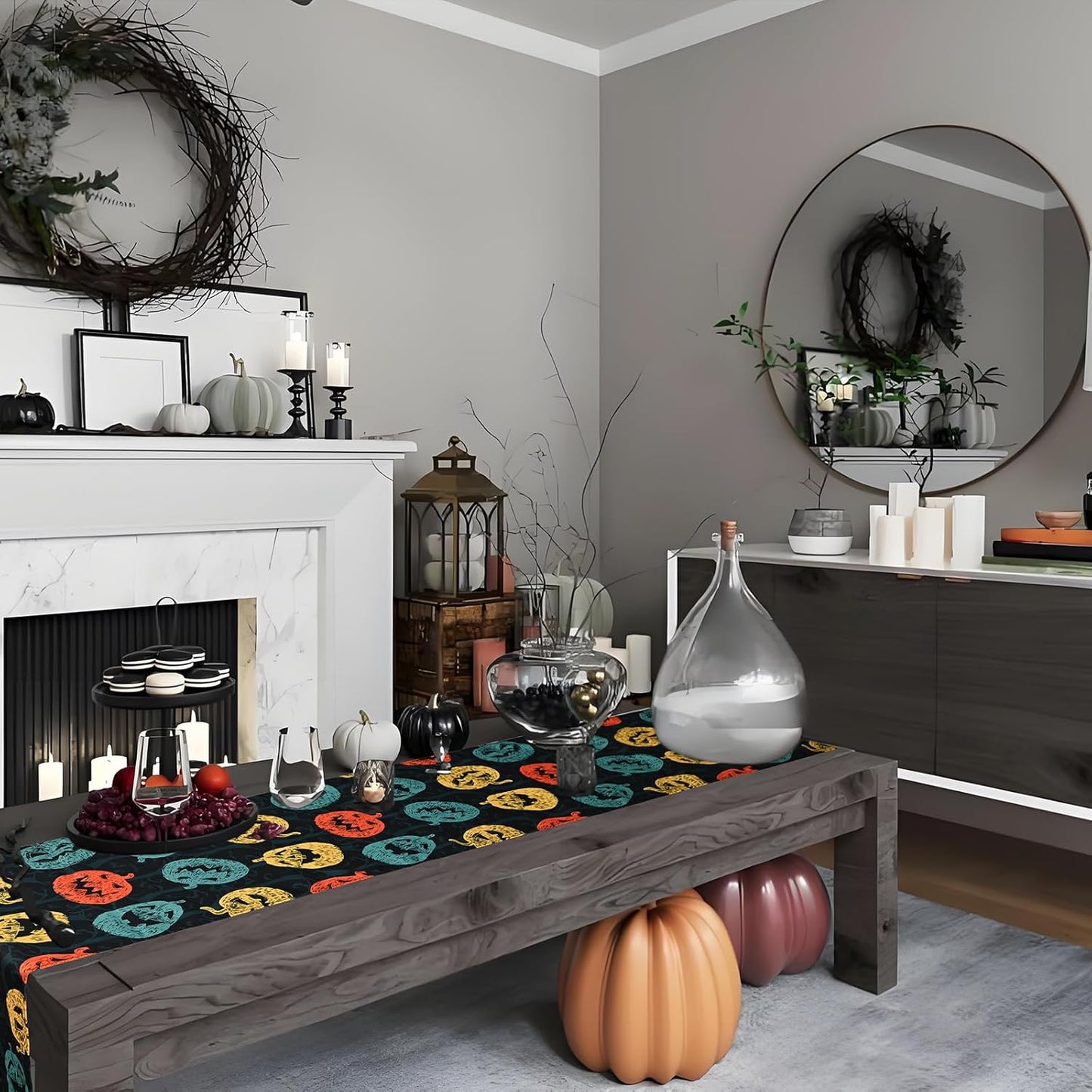 Halloween Black Pumpkin Table Runner Festive Fall Kitchen Dining Decor Premium Seasonal Tablecloth for Home & Party 13x72 Inch