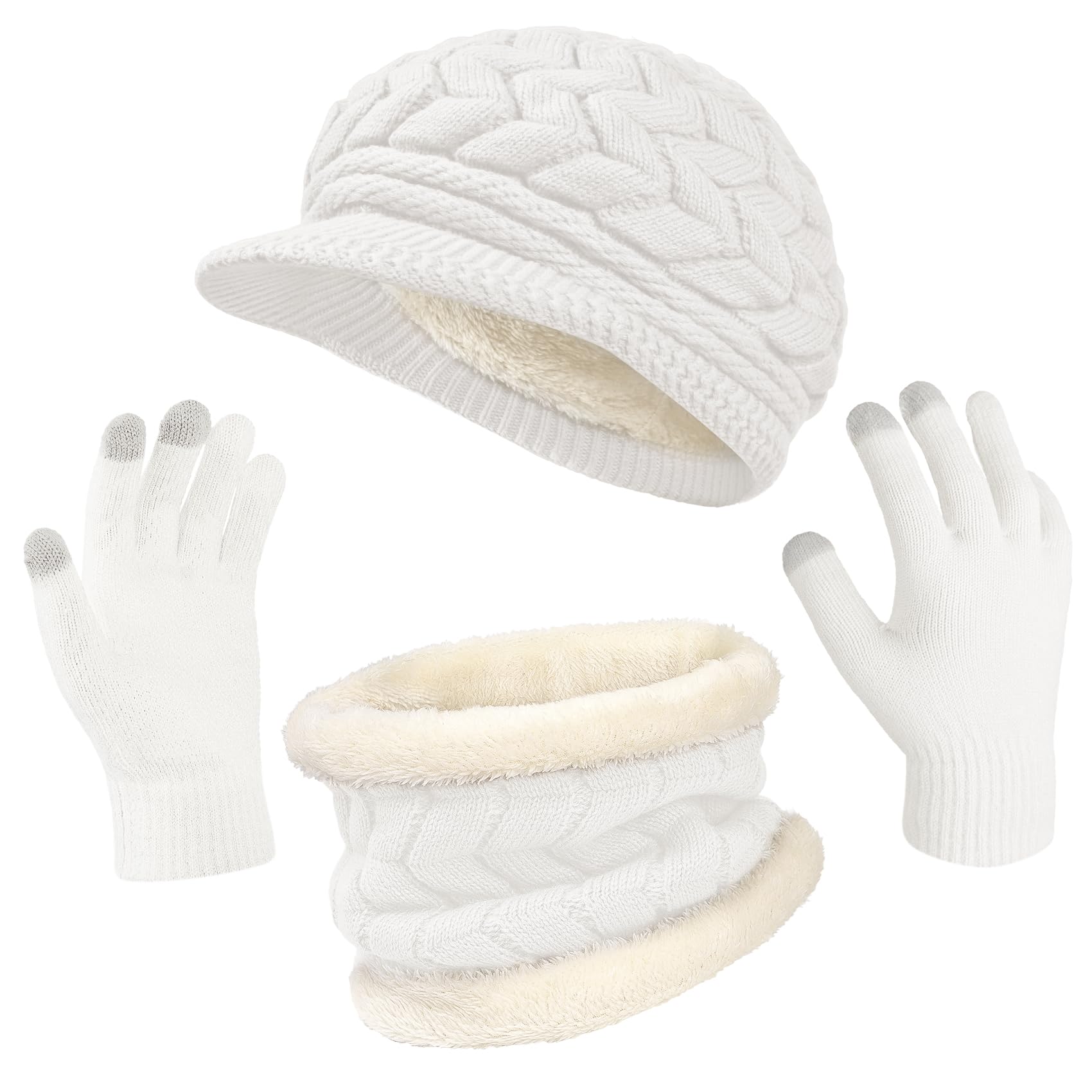 3-Pieces Winter Hat Gloves Scarf Set, Knit Warm Beanie Hat Neck Warmer Touch Screen Mittens for Women