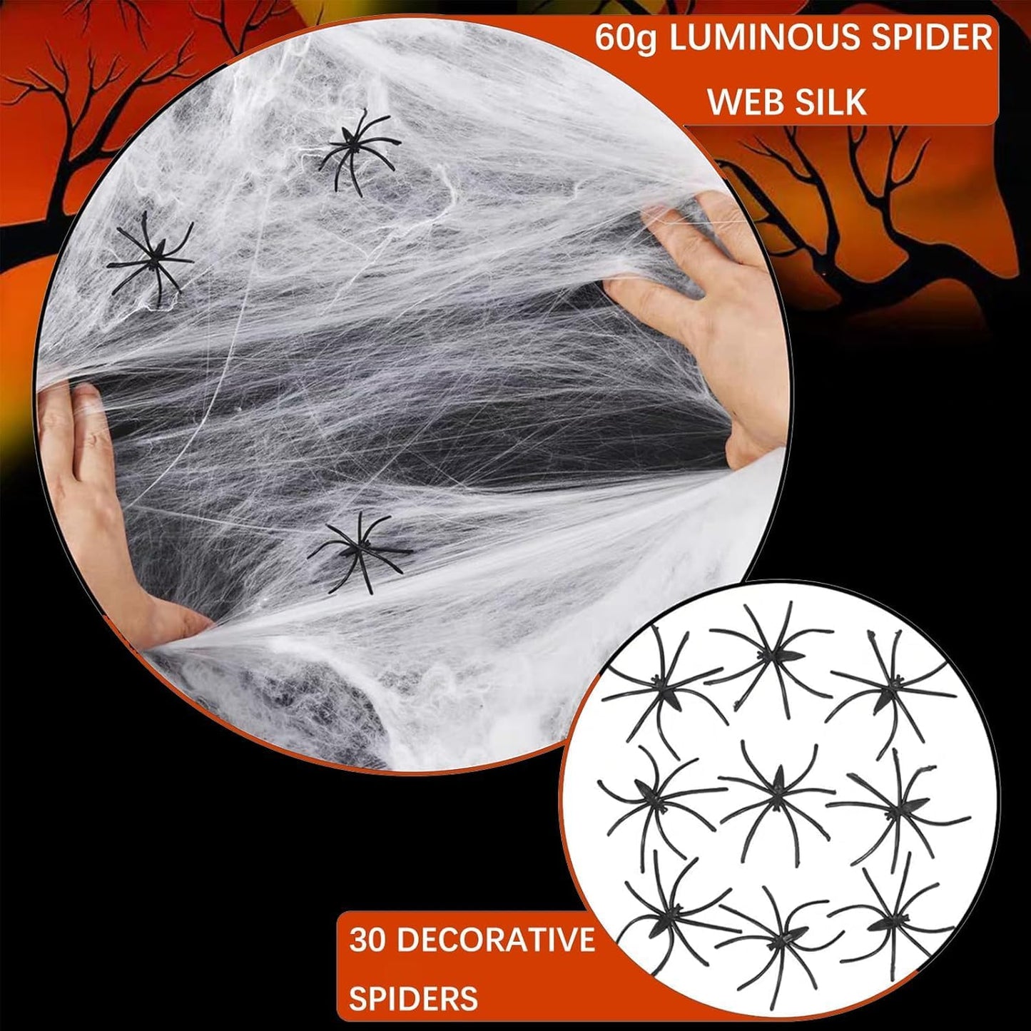 200Sqft Glow in The Dark Spider Web Halloween Spider Webs Decorations with 30 Extra Fake Spiders for Halloween Decor Indoor and Outdoor Haunted House Party Supplies
