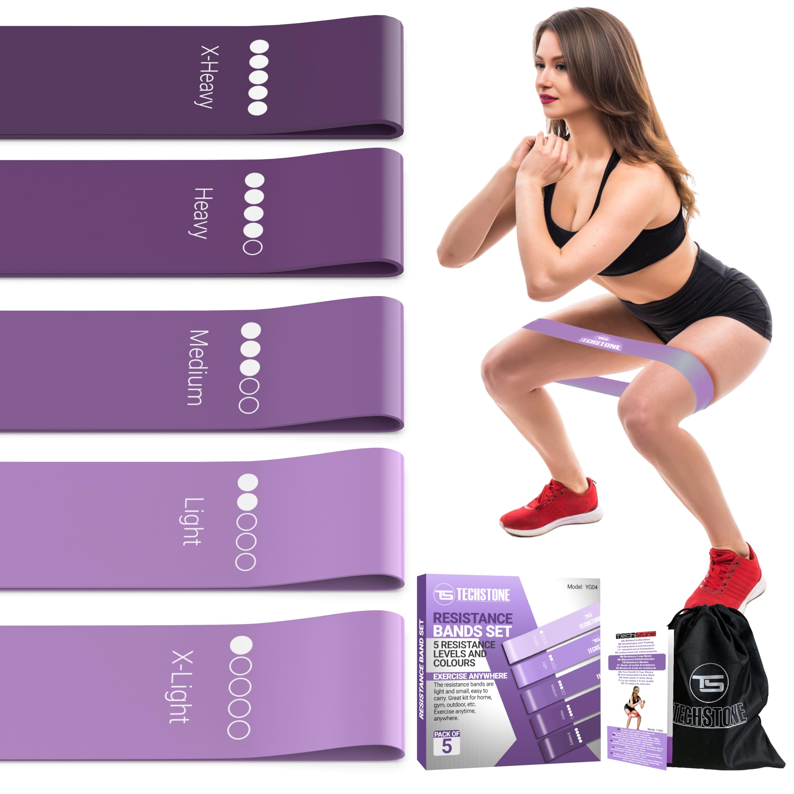 TechStone Resistance Bands Set for Men and Women, Pack of 5 Different Levels Elastic Band for Home Gym Long Exercise Workout – Great Fitness Equipment for Training, Yoga – Free Carrying Bag