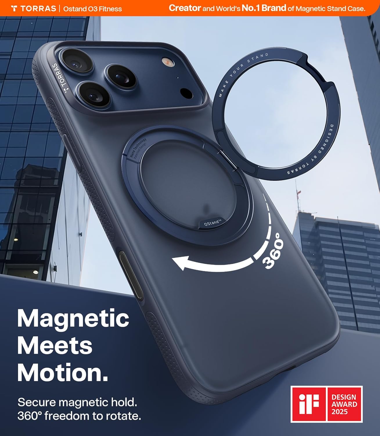 TORRAS 360 Magnetic Stand for iPhone 17 Pro Max Case, [Fit for MagSafe] [4X Military-Grade Protection] Slim Case for iPhone 17 Pro Max, 6.9", Translucent Deep Blue, Ostand O3 Fitness Series