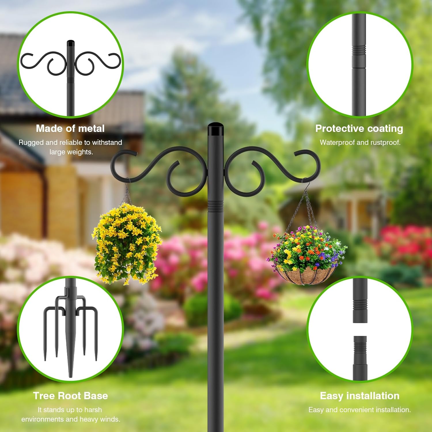 Double Shepherds Hooks for Outdoor,2 Pack 90 Inch Bird Feeder Pole with 5 Prongs Base,Heavy Duty Shepherds Hook,Suitable for Garden in Hanging Flower Basket,Lantern,Bird Nests (90 Inch)
