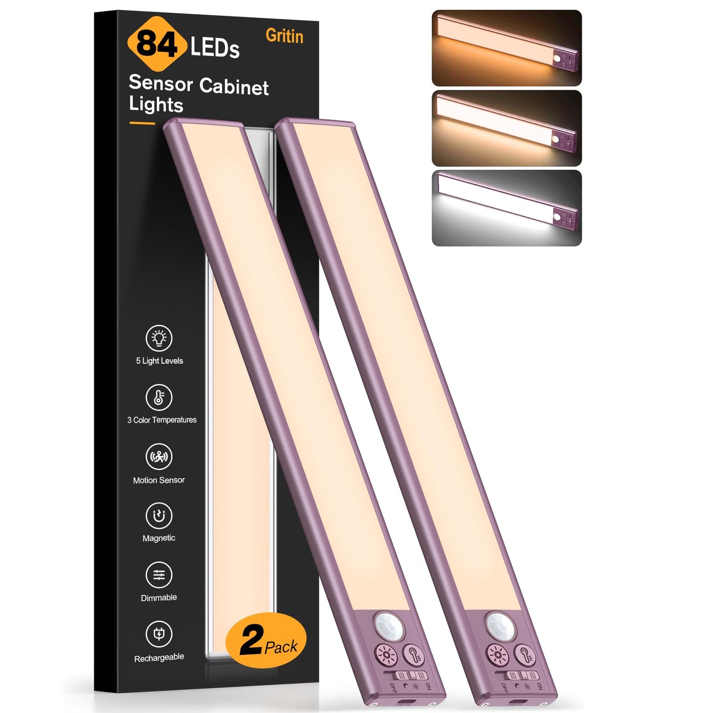 Gritin 10.2inch Under Cabinet Lighting Rechargeable -84 LED Super Bright,3-Color& 5 Level Brightness,4 Modes,Motion Sensor,Long Lasting- Easy Installation Magnetic Under Cabinet Closet Lights -2 Pack