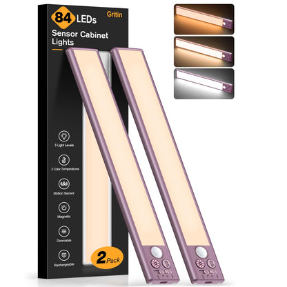 Gritin 10.2inch Under Cabinet Lighting Rechargeable -84 LED Super Bright,3-Color& 5 Level Brightness,4 Modes,Motion Sensor,Long Lasting- Easy Installation Magnetic Under Cabinet Closet Lights -2 Pack
