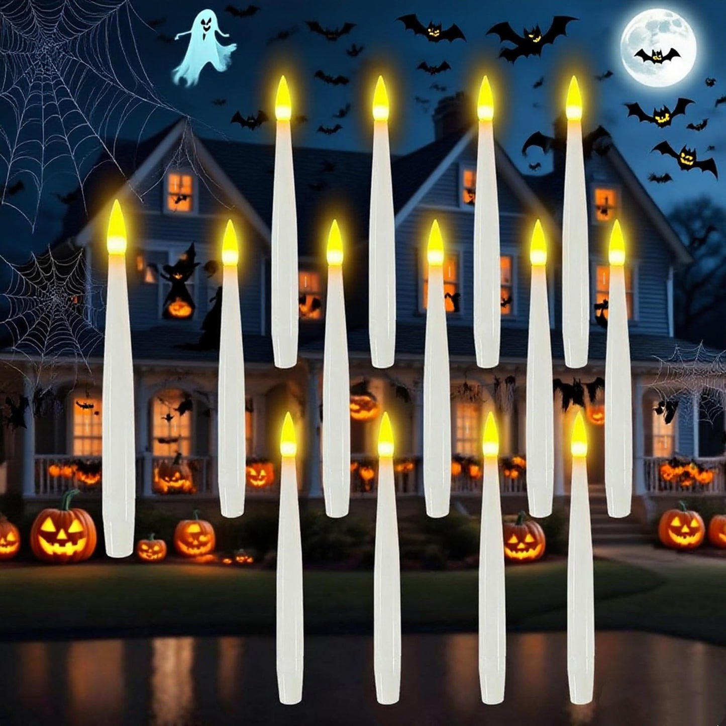Halloween Decorations, 20 PCs Floating Candles with Wand Magic Hanging Candles, Flickering Warm Light Flameless Floating LED Candle with Wand Remote, Battery Operated Taper Candle Set for Theme Party
